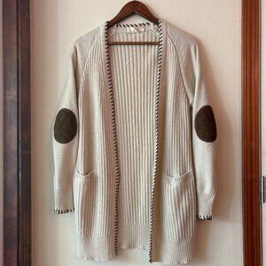 Revelation Off White Beige Open Front Cardigan Sweater Brow Elbow Patches Size M
